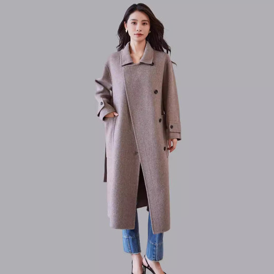 Damen Oversize Wollmantel mit Bindegürtel und weitem Revers Nord Taschen
