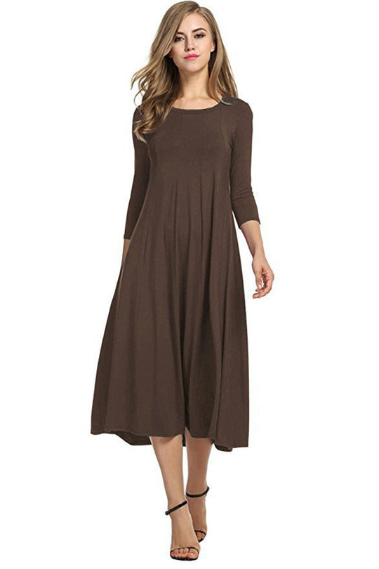Damen Langes A-Linien Midikleid aus Stretch-Jersey mit Dreiviertelärmeln und Eingrifftaschen Nord Taschen