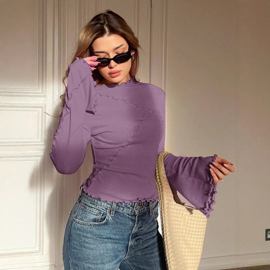 Damen Enganliegendes Geripptes Langarmshirt mit Stehkragen und Kräuselsaum Nord Taschen