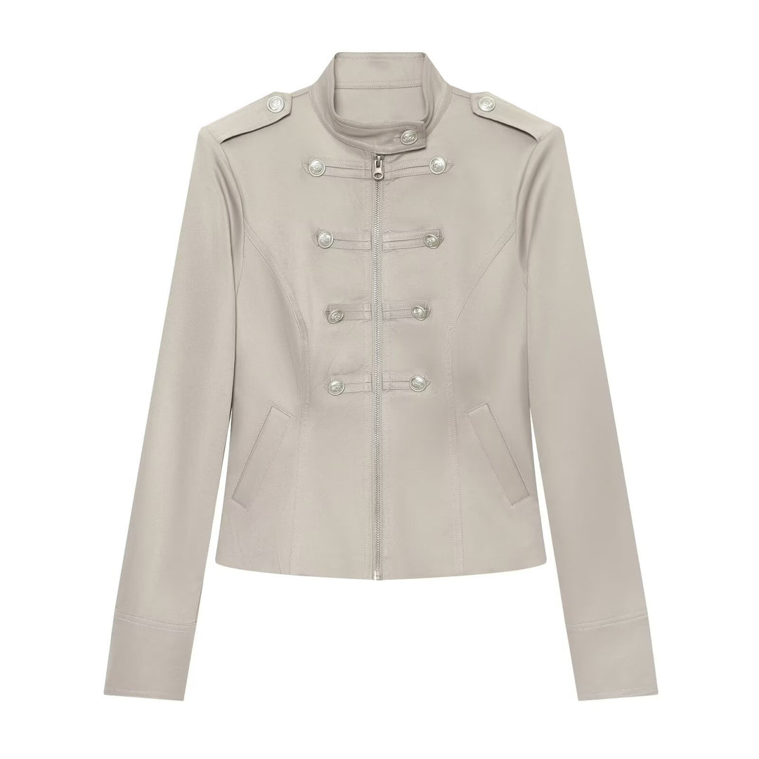 Damen Militärisch inspirierte Kurzjacke mit Reißverschluss und Zierknöpfen Nord Taschen