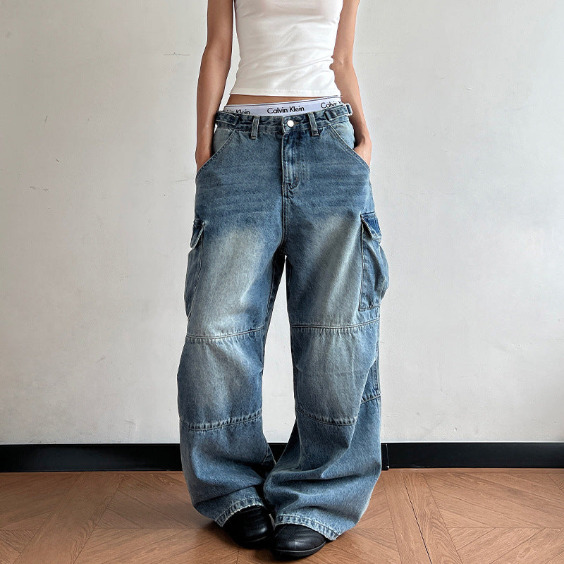 Damen Ultraweite Palazzodenim-Cargohose mit tiefem Schritt und übergroßen Klappentaschen Nord Taschen