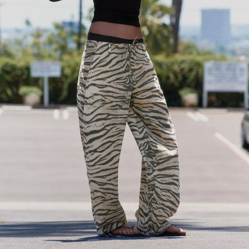 Damen Weite Palazzohose mit Tunnelzugbund, Kordelzügen und animalischem Print Nord Taschen
