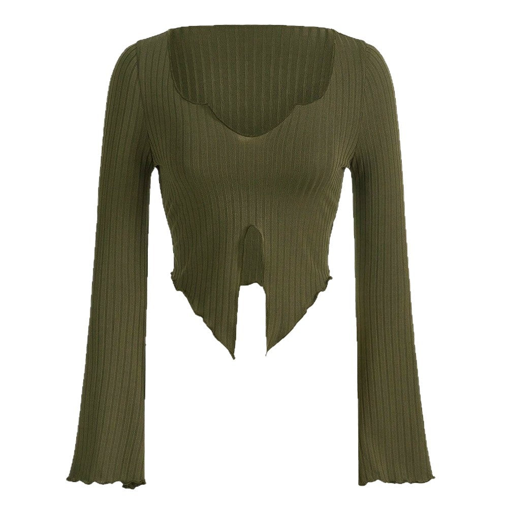 Damen fein geripptes Cropped-Longsleeve mit asymmetrischem Wellensaum und Cut-Out Nord Taschen