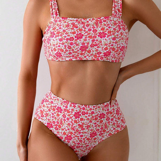 Damen Hoch Tailliertes Bikini-Set mit Floralen Mustern und Breiten Trägern