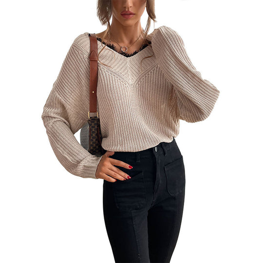 Damen Oversize V-Ausschnitt Strukturstrick-Pullover mit überschnittener Schulter und lockerer Silhouette Nord Taschen