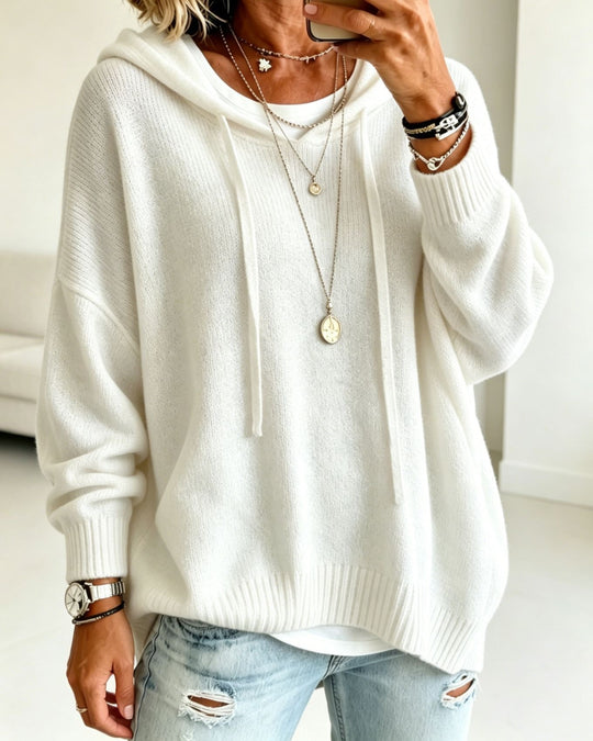 Damen Oversize-Kapuzensweater aus feinem Strick mit gerippten Bündchen Nord Taschen