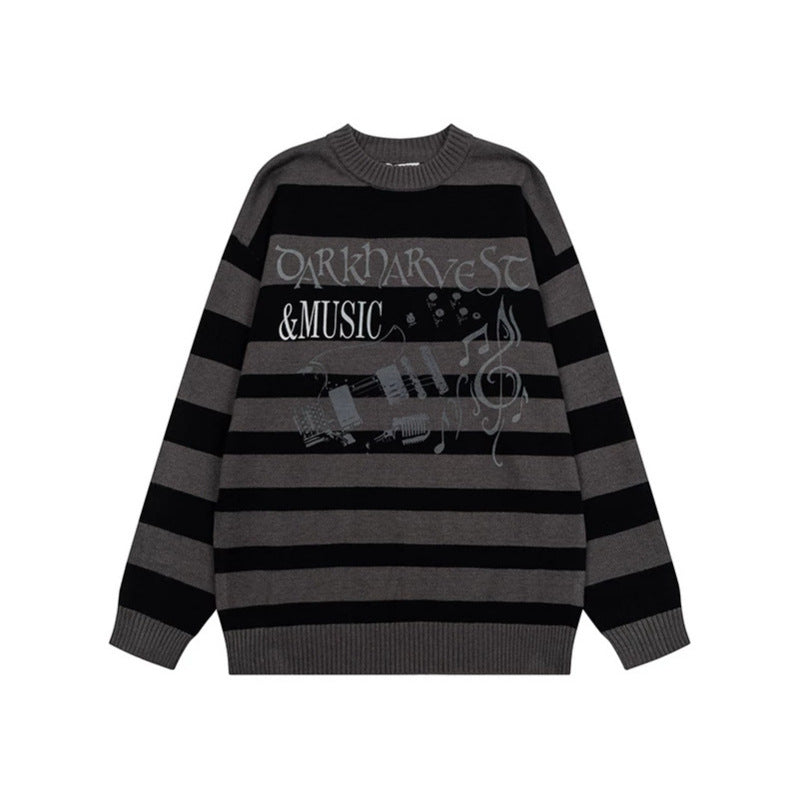 Damen Gestreifter Oversize-Strickpullover mit Rundhals und Musik-Grafik Nord Taschen