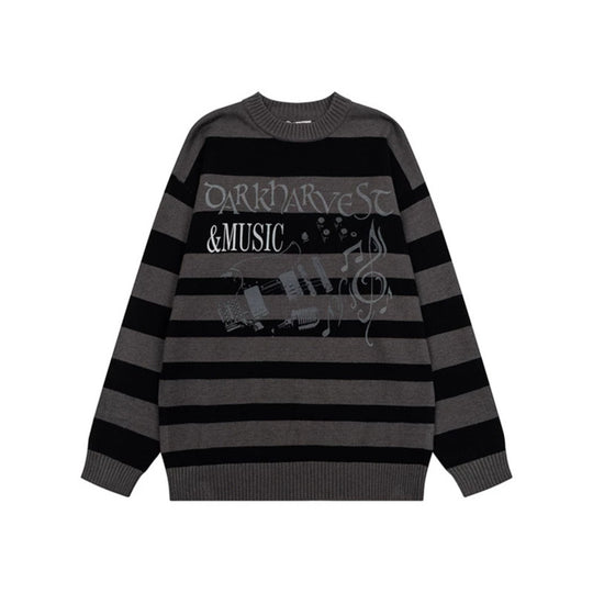 Damen Gestreifter Oversize-Strickpullover mit Rundhals und Musik-Grafik Nord Taschen