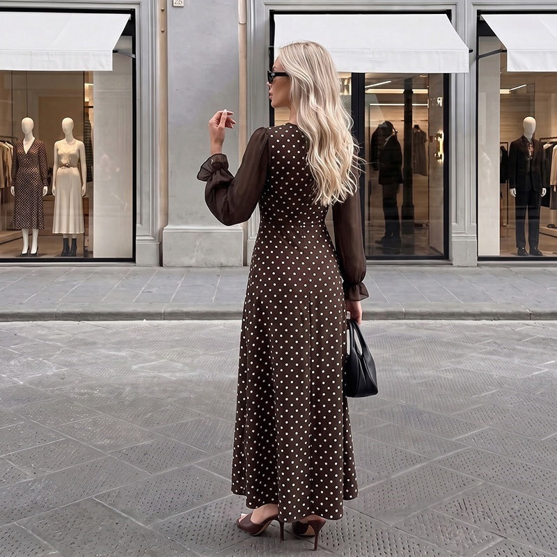 Damen Retro-inspiriertes Polka‑Dot‑Maxikleid mit quadratischem Dekolleté und transparenten Plissee‑Ärmeln Nord Taschen