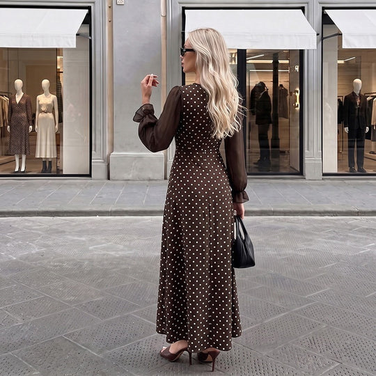 Damen Retro-inspiriertes Polka‑Dot‑Maxikleid mit quadratischem Dekolleté und transparenten Plissee‑Ärmeln Nord Taschen