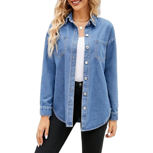 Damen Oversize-Denimhemd mit Knopfleiste und Brusttaschen Nord Taschen
