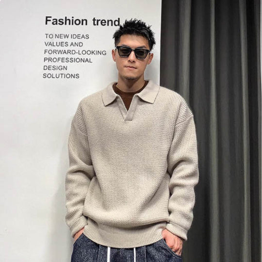 Herren Grobmaschiger Polokragen-Pullover mit verdeckter Halbleiste und geripptem Saum Nord Taschen