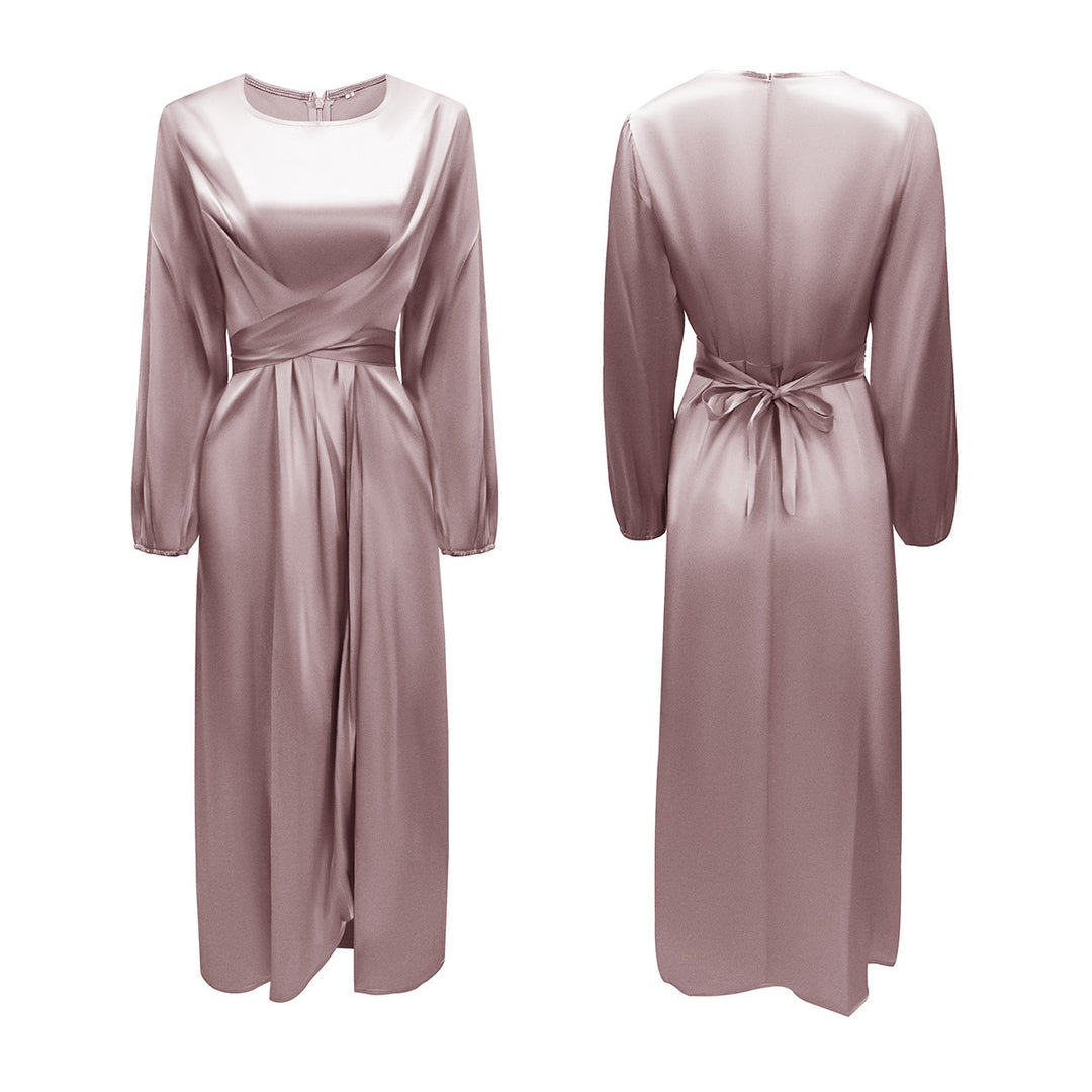 Damen Elegantes Maxikleid aus Satin mit Wickel-Detail, Langarm und Taillenband Nord Taschen