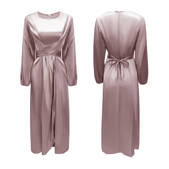 Damen Elegantes Maxikleid aus Satin mit Wickel-Detail, Langarm und Taillenband Nord Taschen