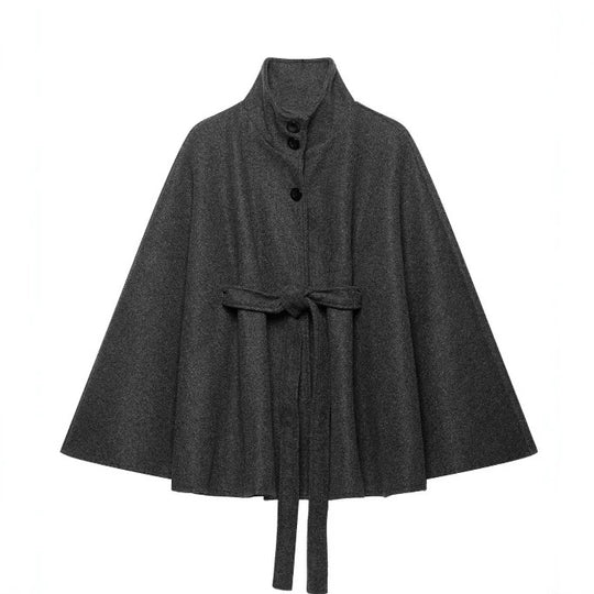 Damen Kurzcape aus Wollmix mit hohem Stehkragen und Bindegürtel Nord Taschen