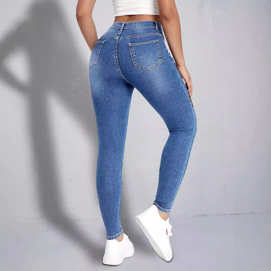 Damen enganliegende High‑Waist Jeansleggings mit buntem Schmetterling-Print Nord Taschen