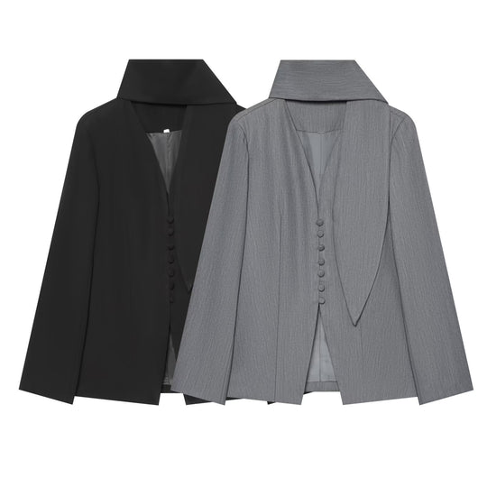 Damen Eleganter Longline-Blazer mit hohem Funnelkragen und überziehbaren Stoffknöpfen Nord Taschen