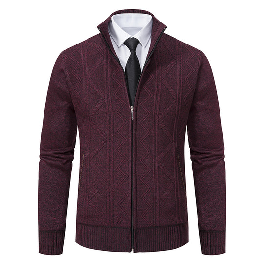 Herren Strukturiertes Feinstrick-Zipcardigan mit Stehkragen und geometrischem Zopfmuster Nord Taschen