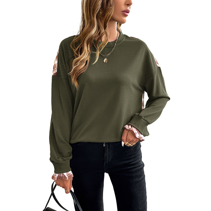Damen Lässiges Rundhals-Sweatshirt mit Karomuster‑Einsätzen und gerafften Manschetten Nord Taschen