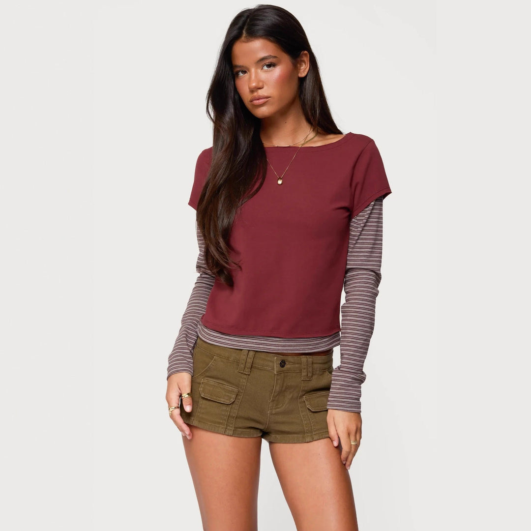 Damen modisches Langarmshirt mit einzigartigen Streifen und kurzem Schnitt Nord Taschen