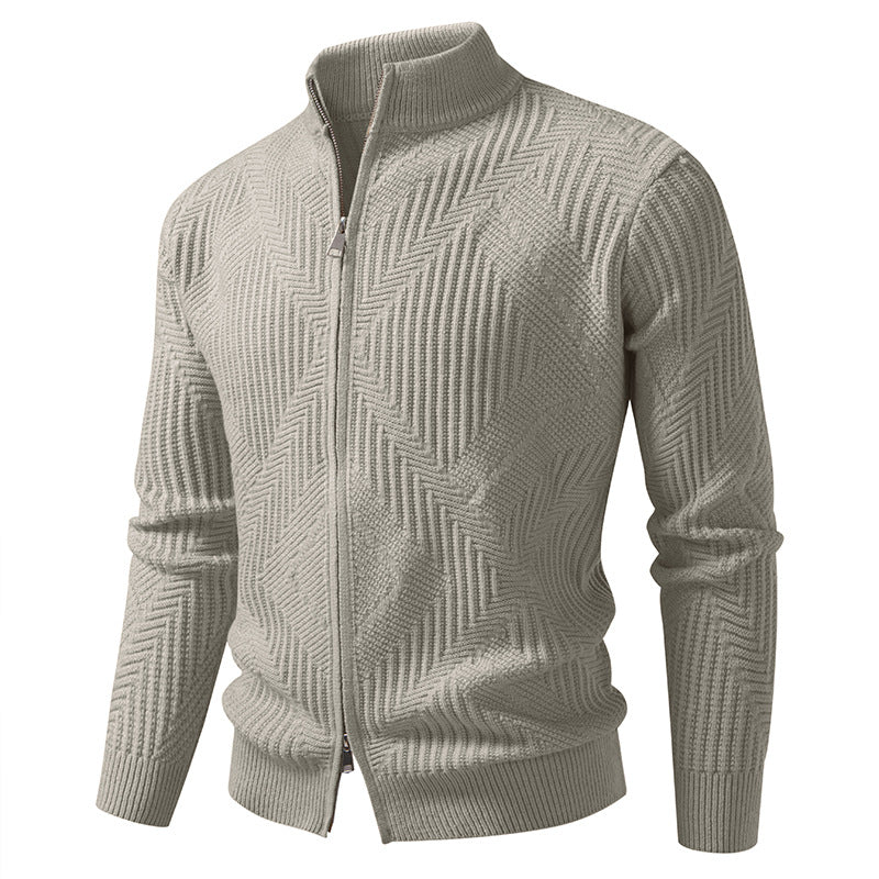 Herren Reißverschluss-Cardigan mit geometrischem Fischgrätstrick und Stehkragen Nord Taschen