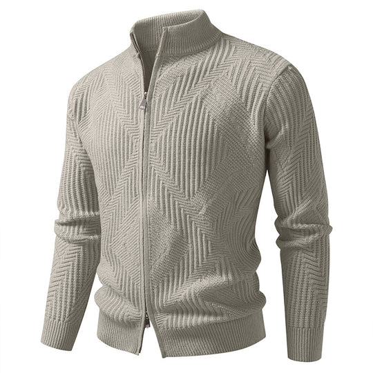 Herren Reißverschluss-Cardigan mit geometrischem Fischgrätstrick und Stehkragen Nord Taschen
