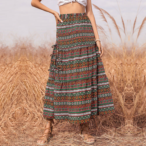 Damen Langer Boho-Maxirock mit Ethno-Print und seitlichen Bindebändern Nord Taschen