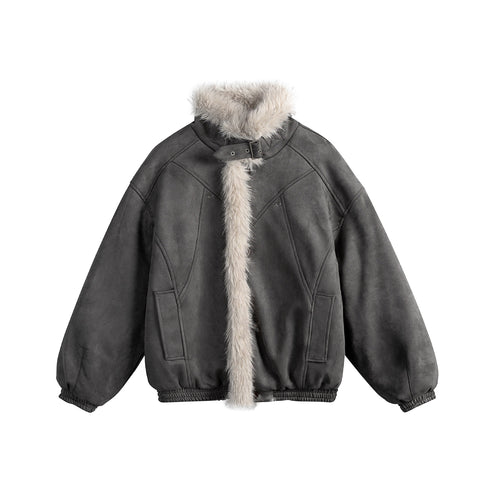 Damen Kurz geschnittene Velours‑Imitat Bomberjacke mit Teddybesatz und verstellbarem Halsriemen Nord Taschen