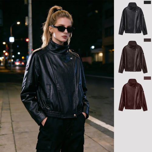 Damen Oversize-Kunstlederjacke mit hohem Stehkragen und asymmetrischer Blende Nord Taschen
