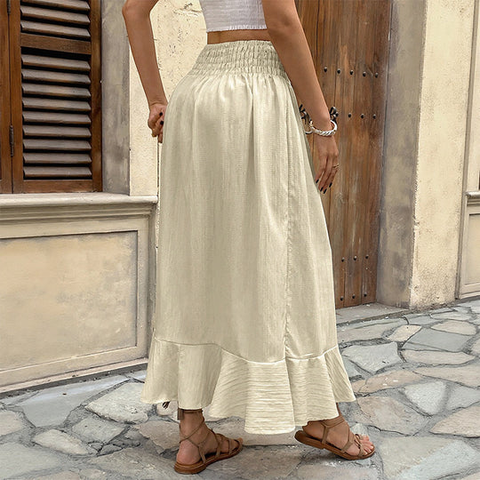 Damen Sommerlicher Maxirock mit Smockbund, durchgehender Knopfleiste, Seitenschlitz und Volant Nord Taschen