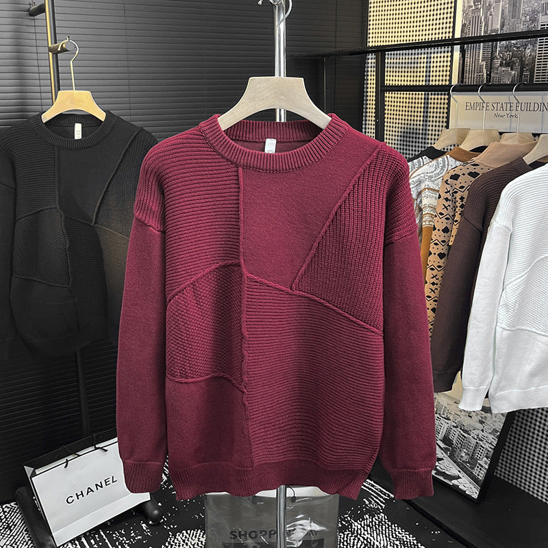 Herren Strukturierter Patchwork-Strickpullover mit Rundhals und gerippten Einsätzen Nord Taschen