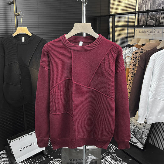 Herren Strukturierter Patchwork-Strickpullover mit Rundhals und gerippten Einsätzen Nord Taschen