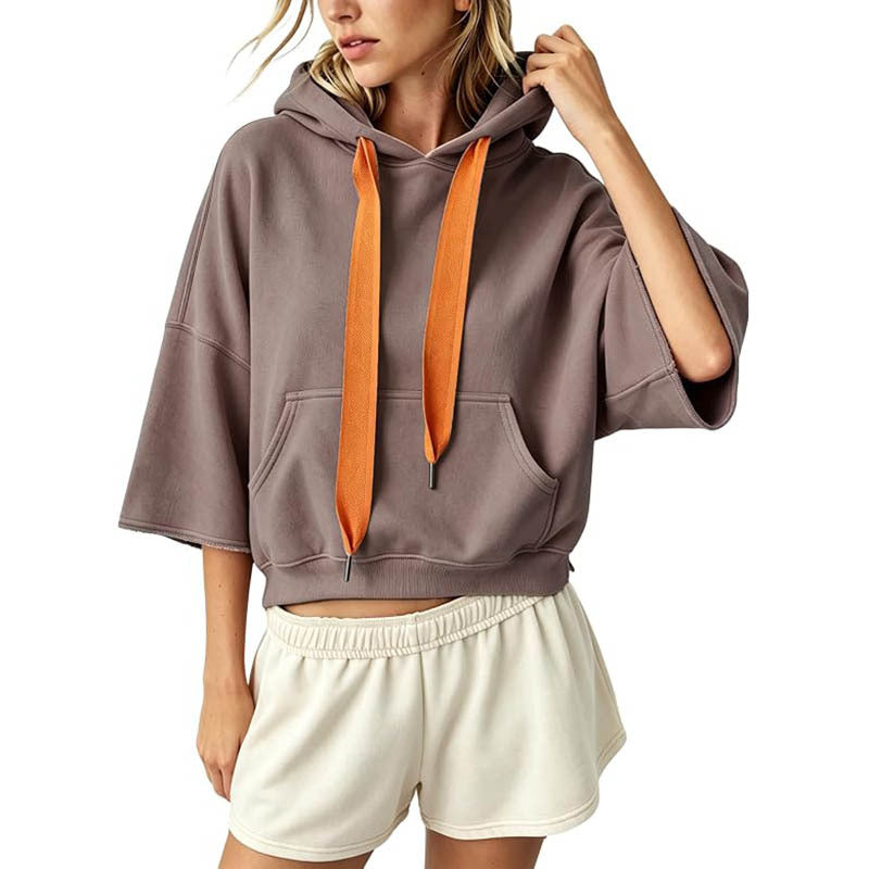 Damen Cropped Kapuzenpullover mit 3/4-Ärmeln und Kängurutasche Nord Taschen