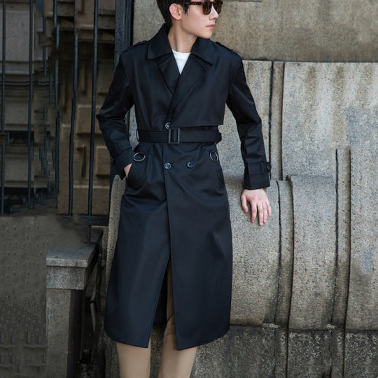 Herren langer doppelreihiger Trenchcoat mit Sturmklappe und D-Ring-Details Nord Taschen
