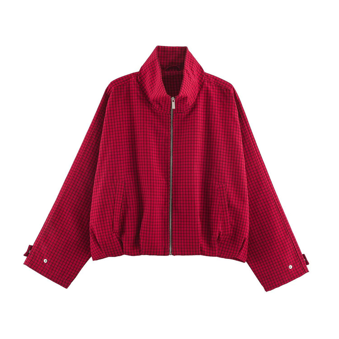 Damen Karierter Cropped-Blouson mit hohem Stehkragen, weitem Schnitt und Druckknopfmanschetten Nord Taschen