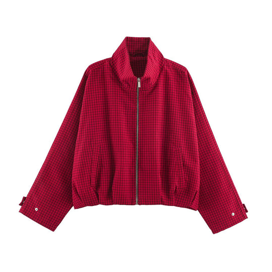 Damen Karierter Cropped-Blouson mit hohem Stehkragen, weitem Schnitt und Druckknopfmanschetten Nord Taschen