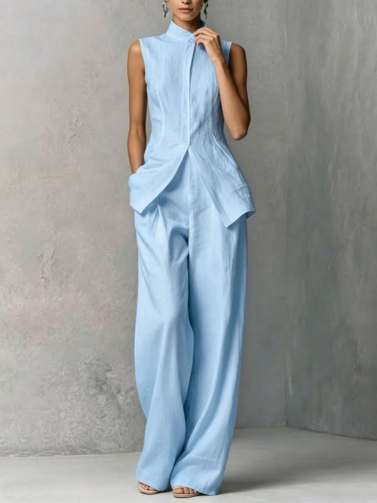 Damen Ärmelloser Leinen-Jumpsuit mit Stehkragen und weitem Bein Nord Taschen