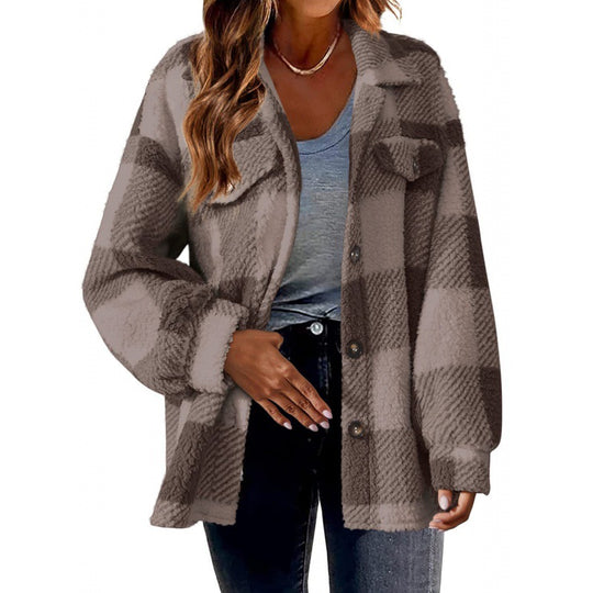 Damen Karierte Teddy‑Hemdjacke im Oversize‑Shacket‑Stil Nord Taschen