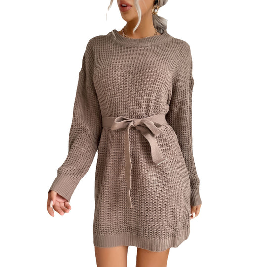 Damen Waffelstrick-Minikleid mit Tunnelzug-Taillengürtel und geripptem Saum Nord Taschen