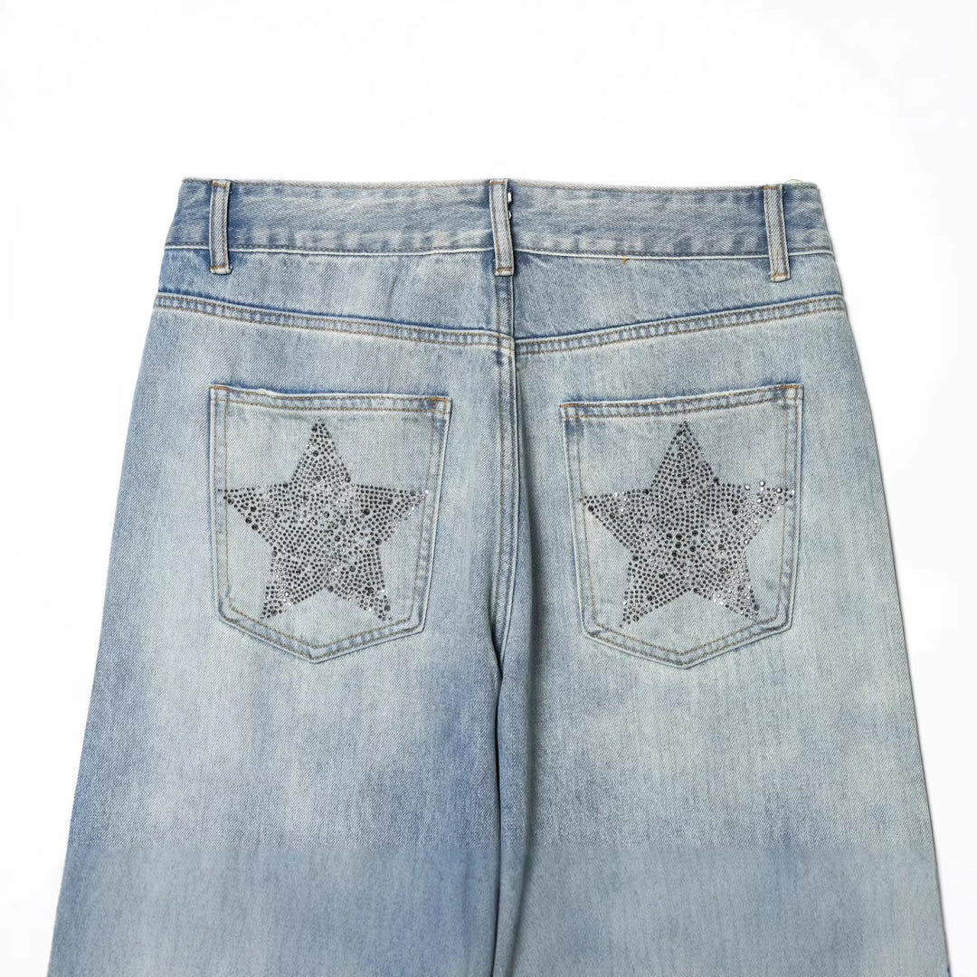 Damen Jeanshose mit weitem Bein und Sternen-Strassbesatz Nord Taschen
