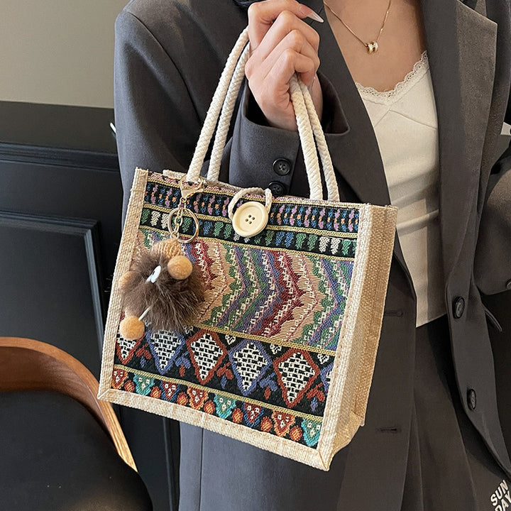 Damen Jute-Handtasche mit handgewebtem Ethnodruck Nord Taschen