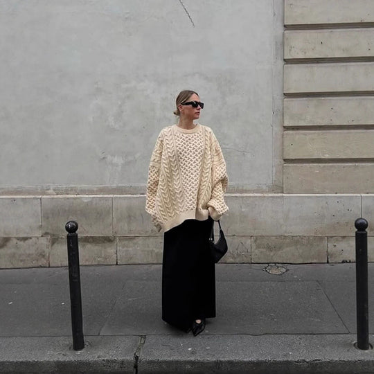 Damen Oversized Grobstrickpullover mit Zopfmuster und weiten Ballonärmeln Nord Taschen