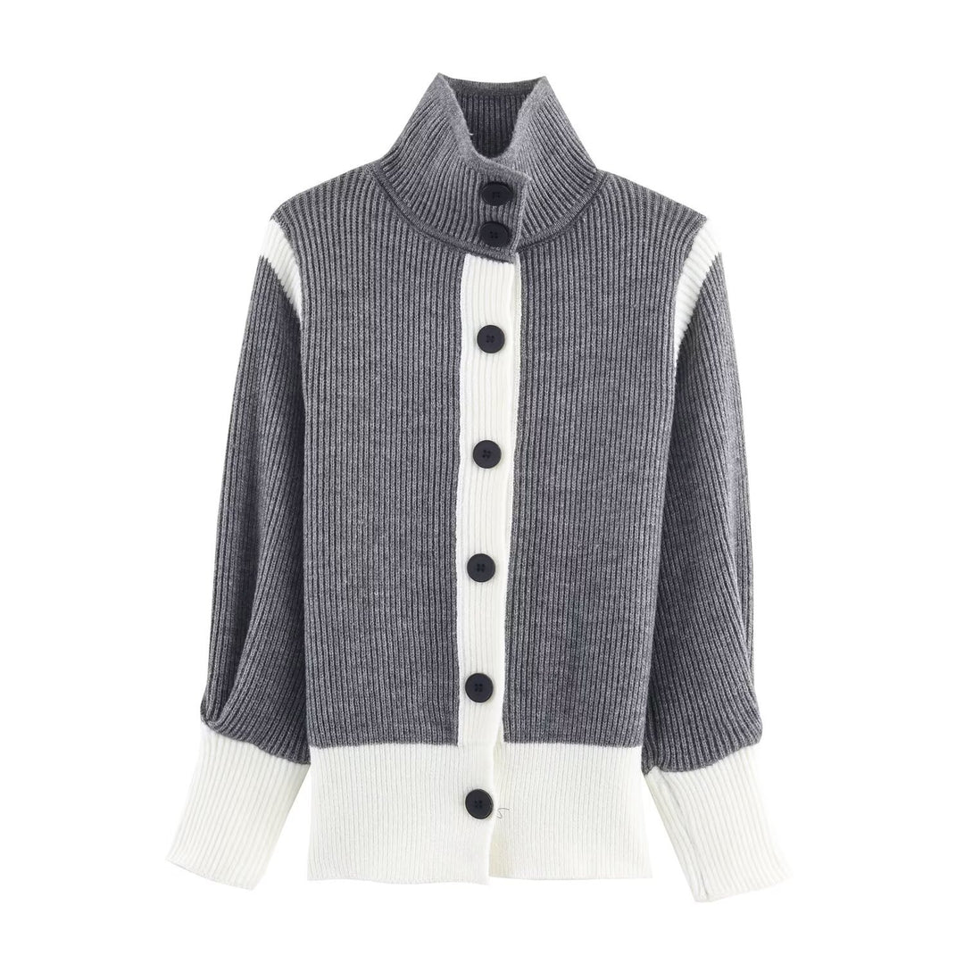 Damen Oversize Rippstrick-Cardigan mit hohem Kragen, Kontrastblende und Knopfleiste Nord Taschen