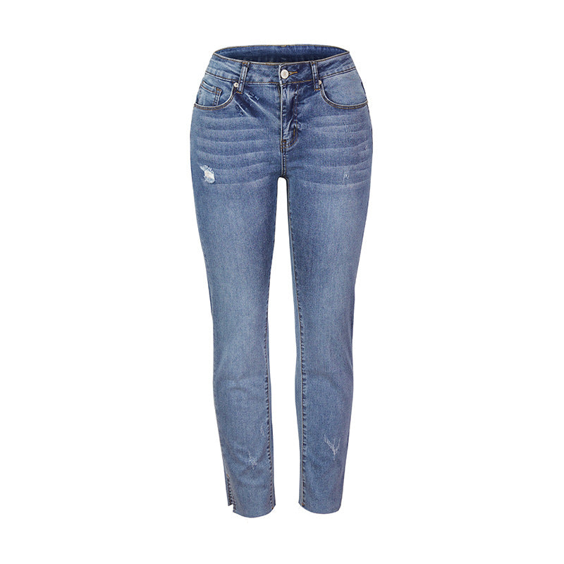 Damen Figurbetonte Hochtaillierte Knöchellange Jeans mit leicht ausgefranstem Saum Nord Taschen