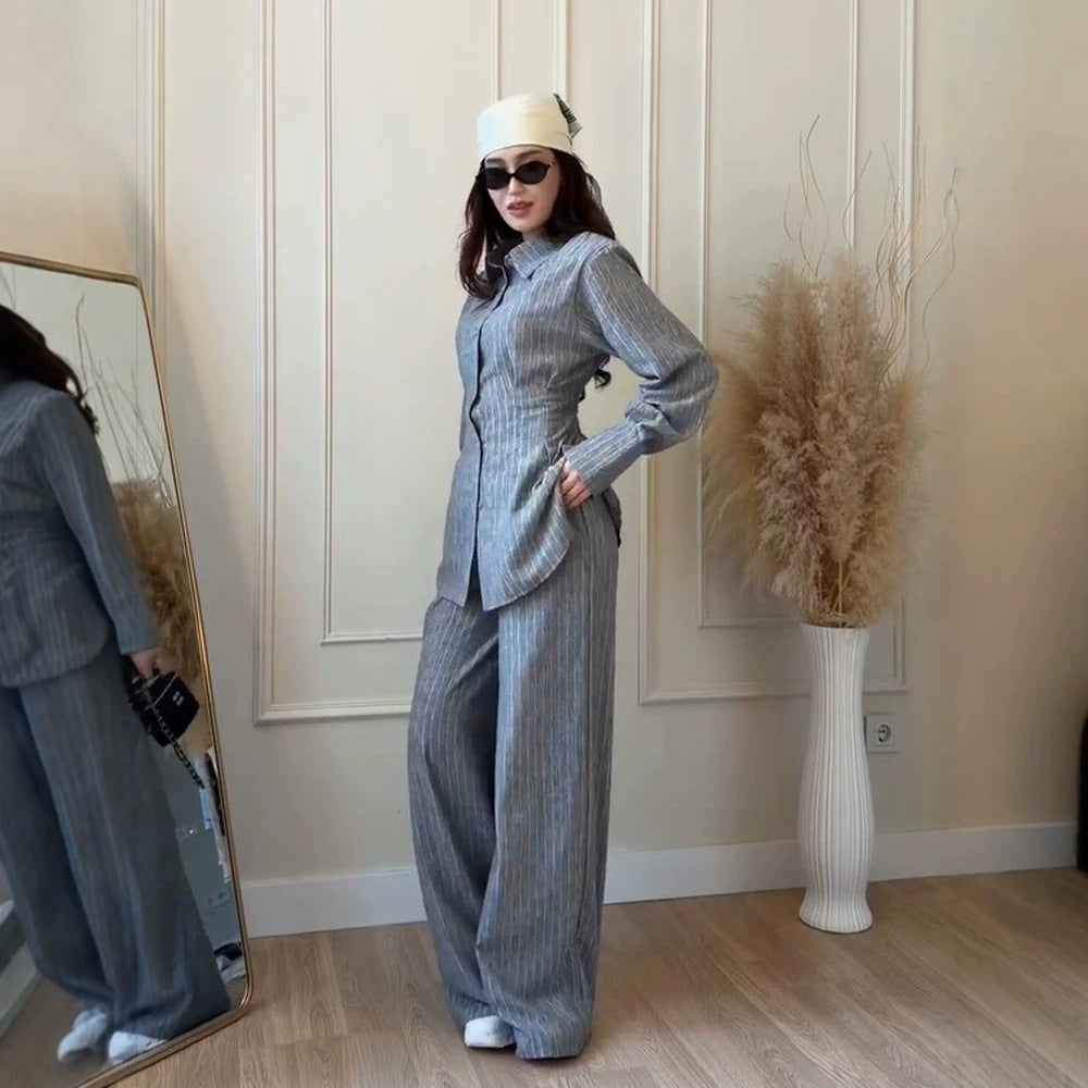 Damen Leichtes Leinen-Loungewear-Set mit Oversize-Hemd und weiter Bundhose Nord Taschen