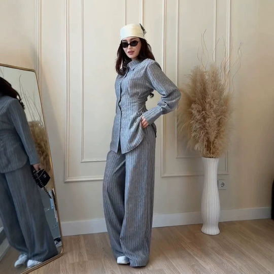 Damen Leichtes Leinen-Loungewear-Set mit Oversize-Hemd und weiter Bundhose Nord Taschen