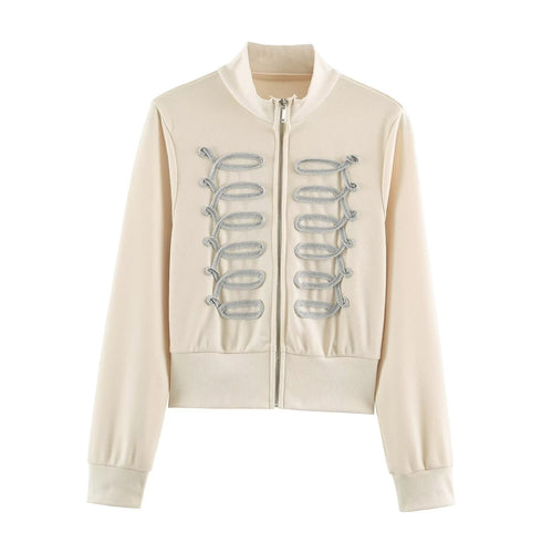 Damen Kurz geschnittene Sweatjacke mit ornamentalem Zierkordel‑Besatz und Stehkragen Nord Taschen