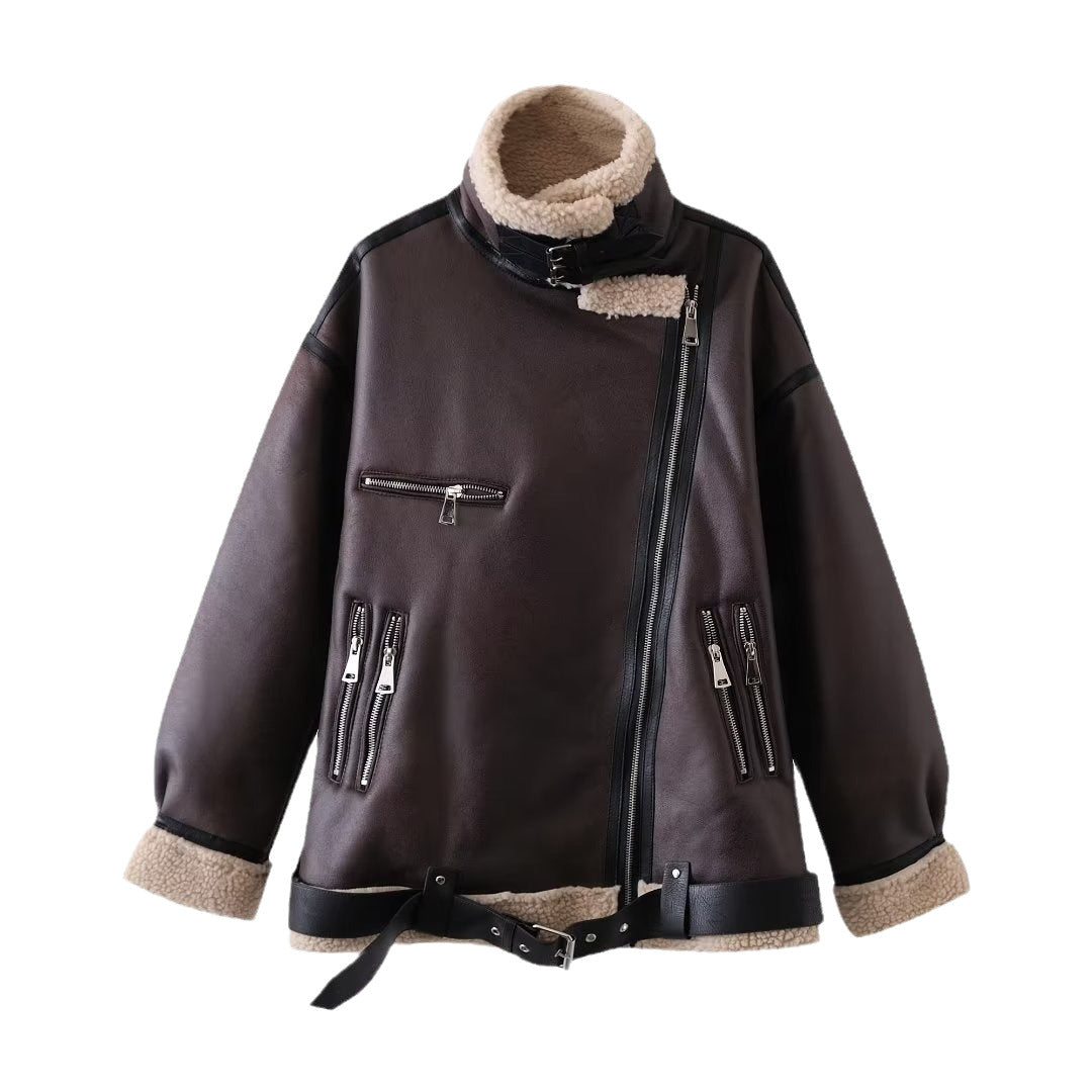 Damen Lässige Aviator-Bikerjacke im Vintage-Lederlook mit Sherpa-Futter Nord Taschen