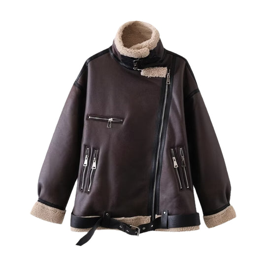 Damen Lässige Aviator-Bikerjacke im Vintage-Lederlook mit Sherpa-Futter Nord Taschen
