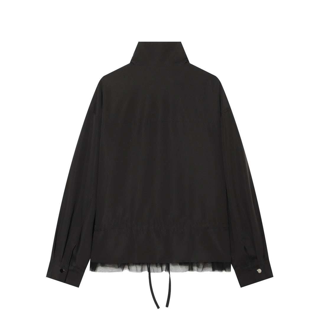 Damen Leichte Cropped Übergangsjacke mit Stehkragen, Tunnelzugtaillierung und Tüllbesatz Nord Taschen